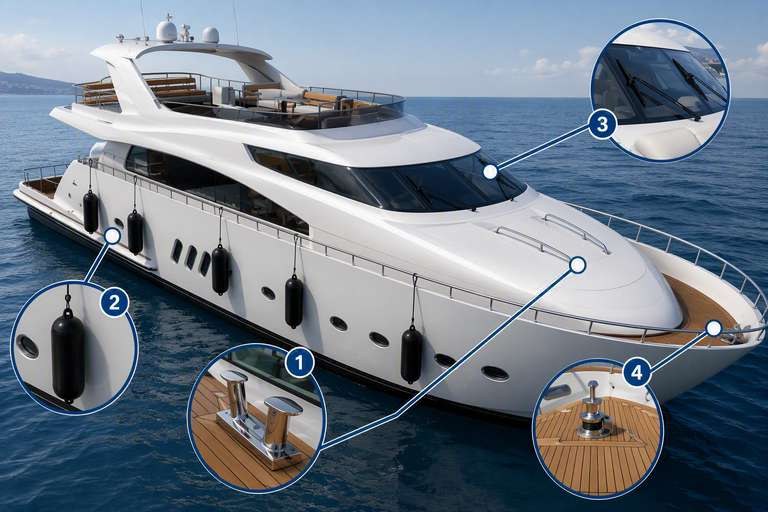 Yacht showing fittings, fenders, glazing and deck covering details