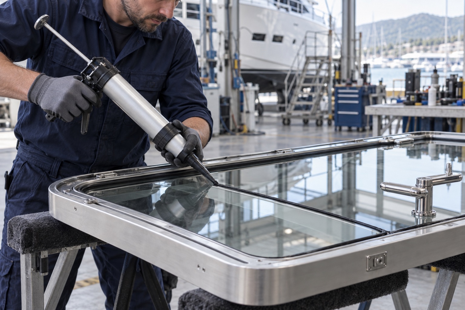 Operator applying adhesive to a glazed boat door